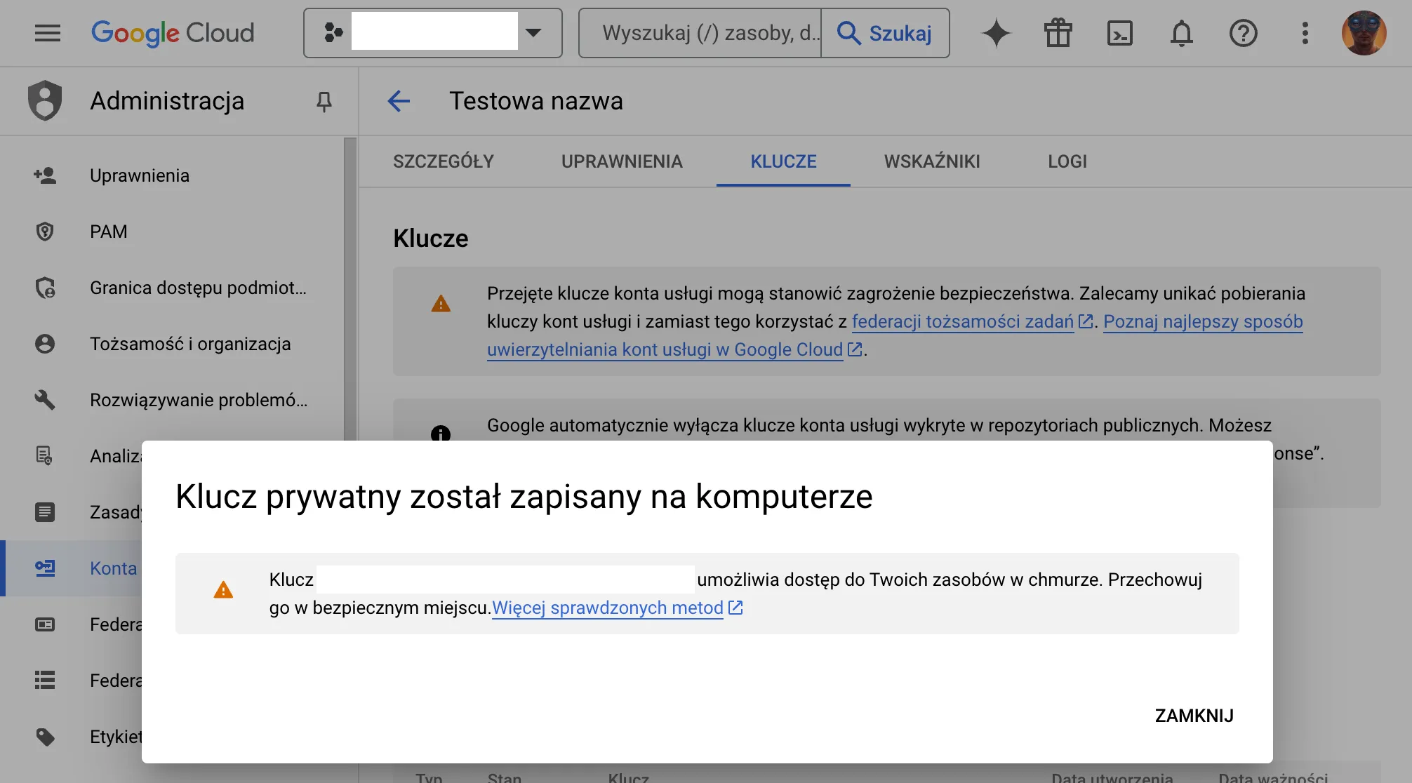 Klucz prywatny został zapisany na komputerze