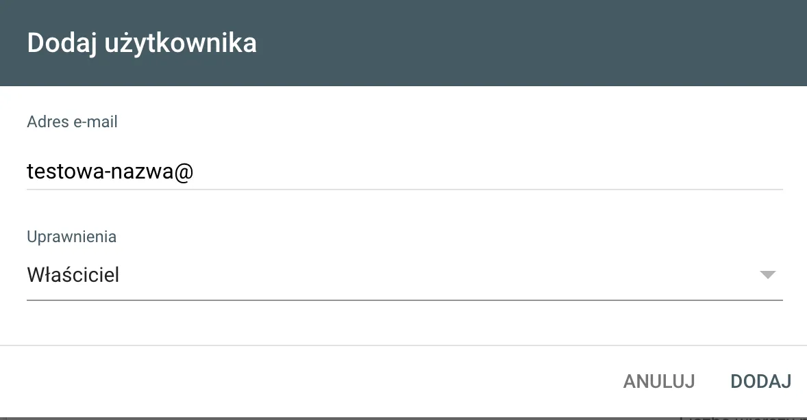 Dodaj użytkownika - Google Search Console