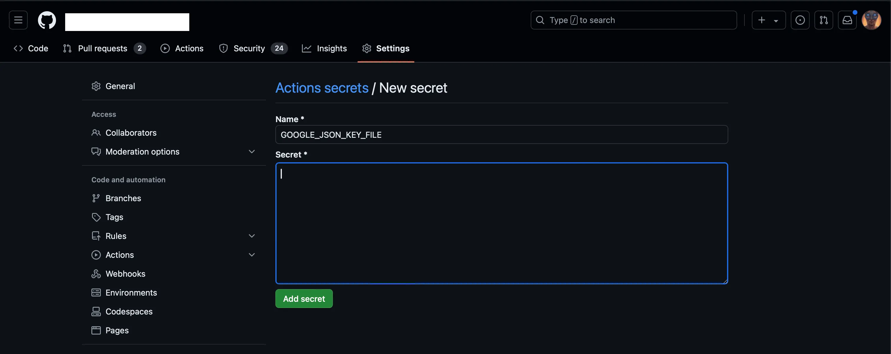 Add Secret - GitHub