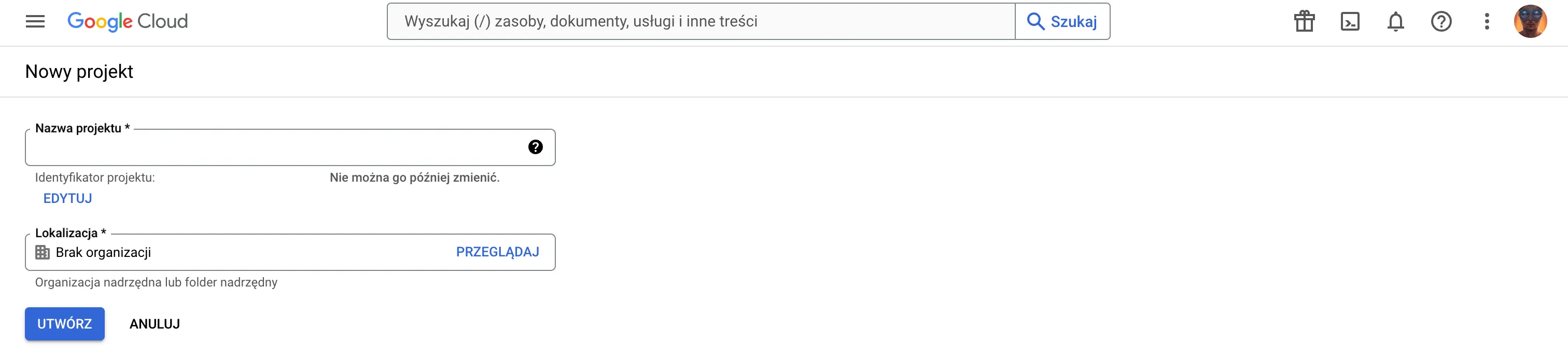 Nowy projekt – Google Cloud Console