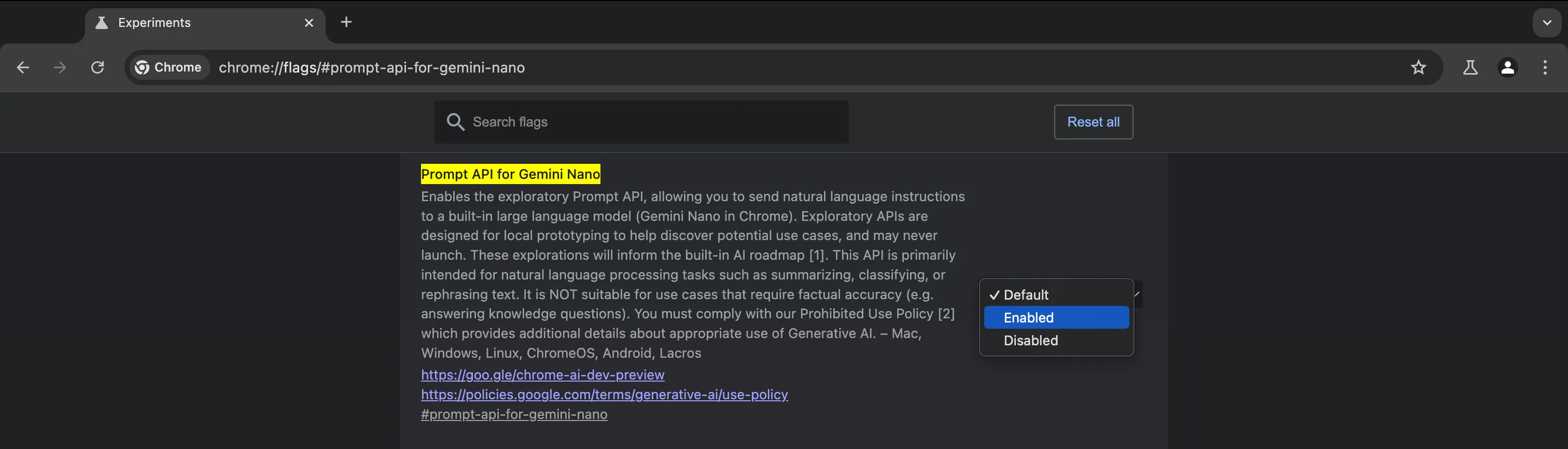 Włączanie flagi Prompt API for Gemini Nano