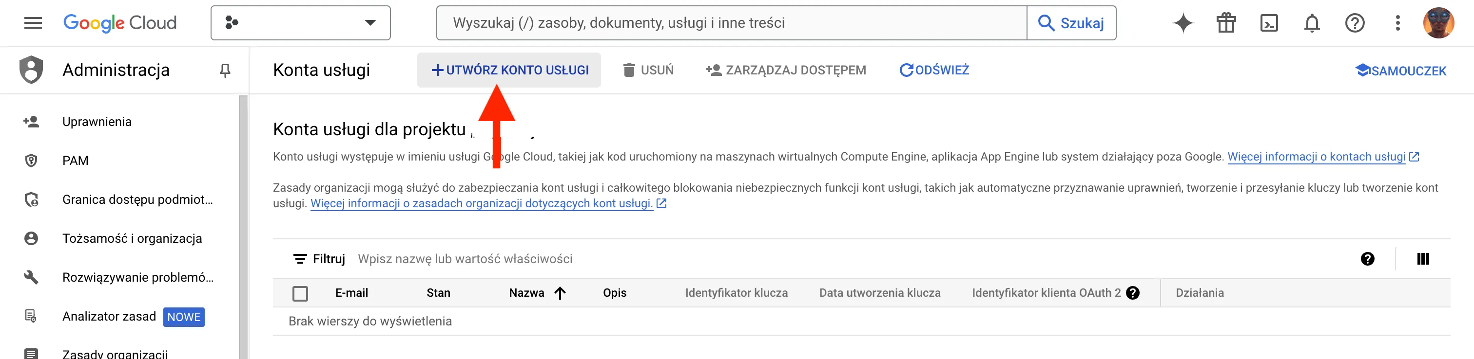 Konta usługi – Administracja – My Project – Google Cloud Console