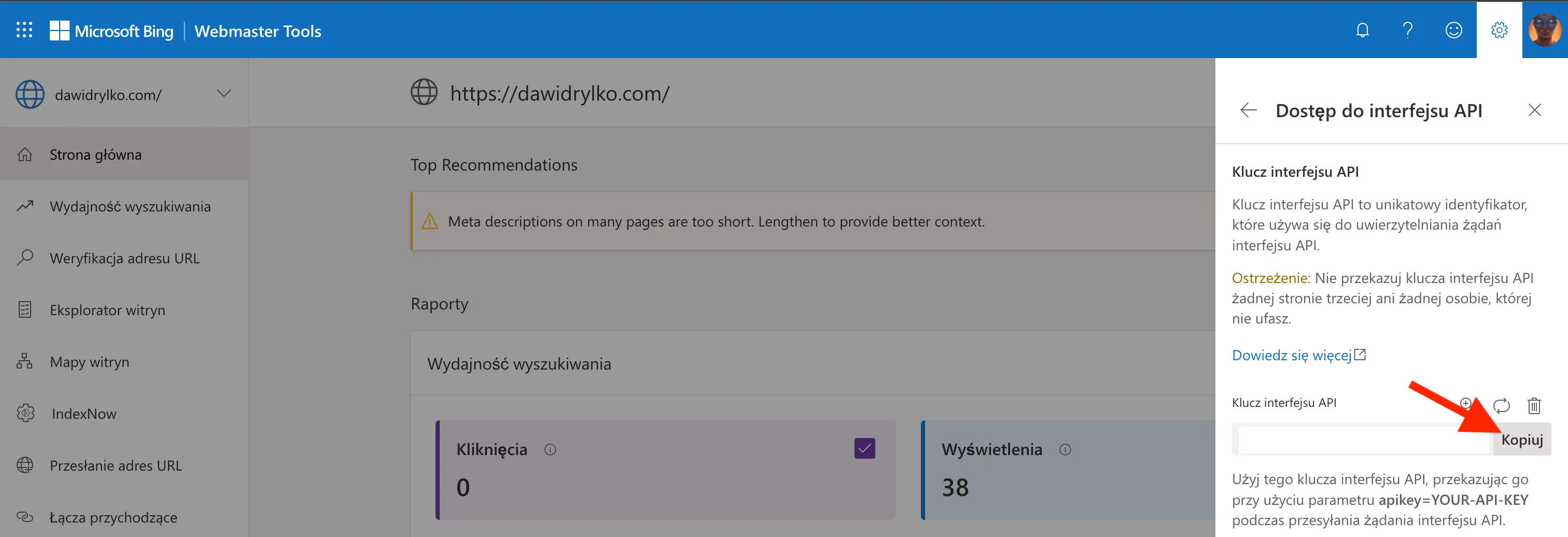 Skopiowanie klucza API Microsoft Bing Webmaster Tools