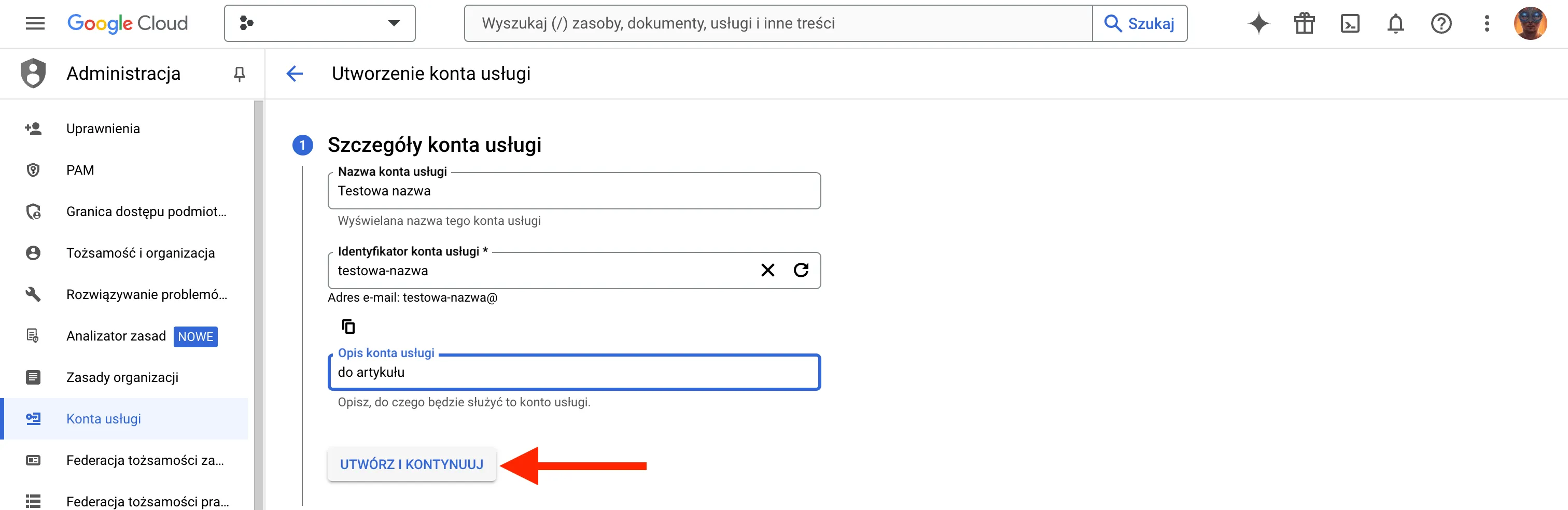 Szczegóły konta usługi - Utworzenie konta usługi – Administracja – My Project – Google Cloud Console
