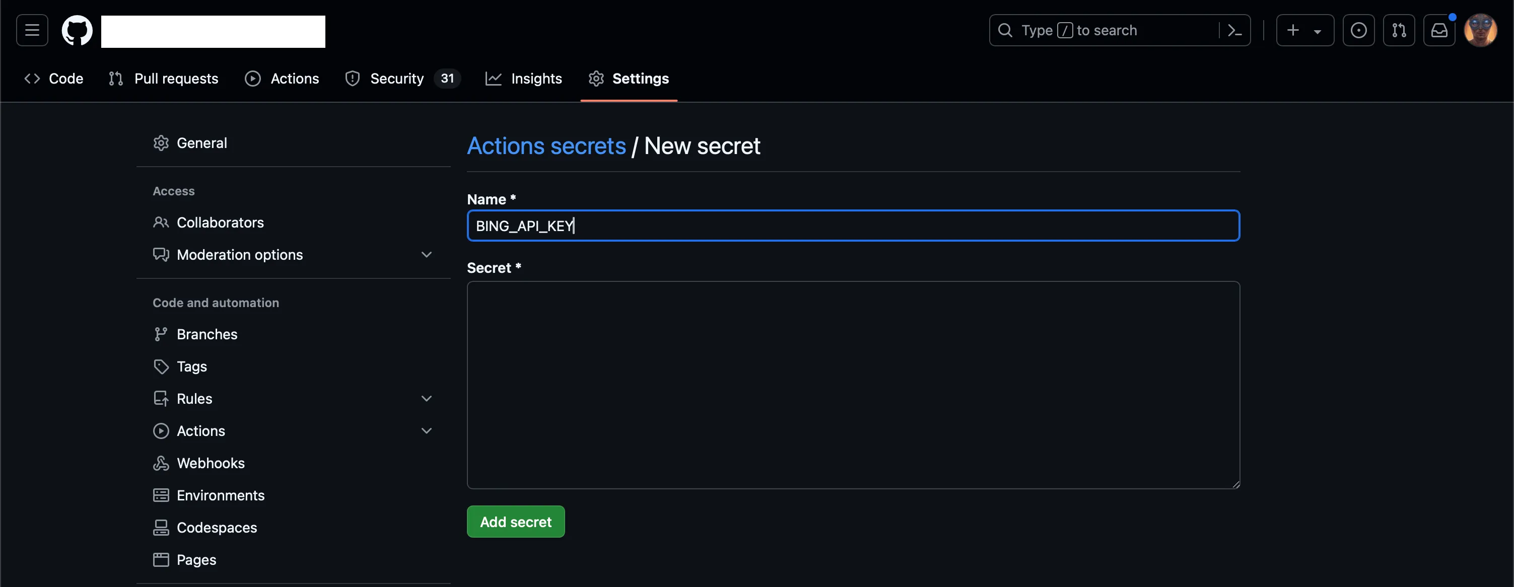 Dodanie nowego sekretu w GitHub Actions