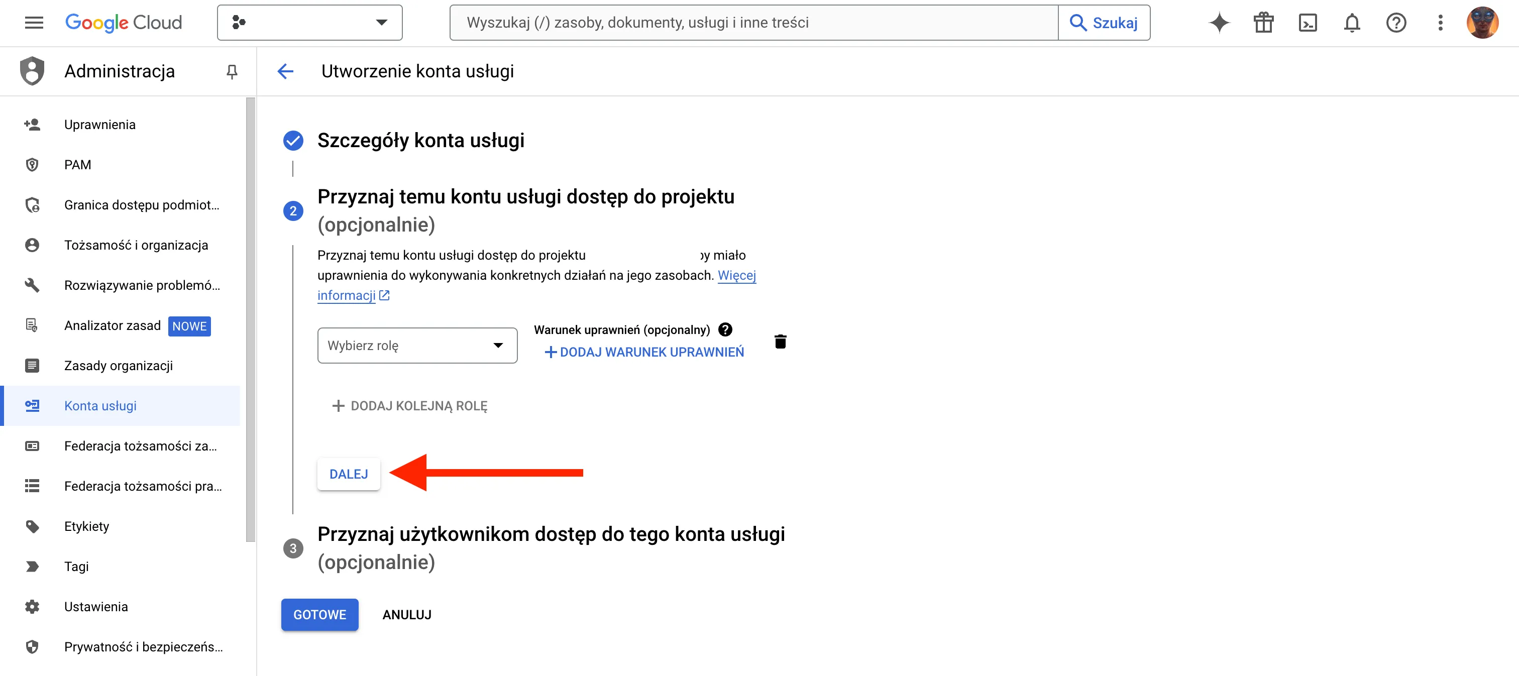 Przyznaj temu kontu usługi dostęp do projektu - Utworzenie konta usługi – Administracja – My Project – Google Cloud Console