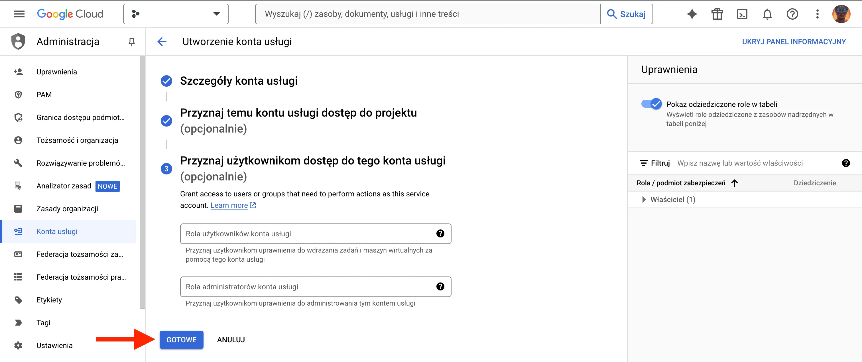 Przyznaj użytkownikom dostęp do tego konta usługi - Utworzenie konta usługi – Administracja – My Project – Google Cloud Console