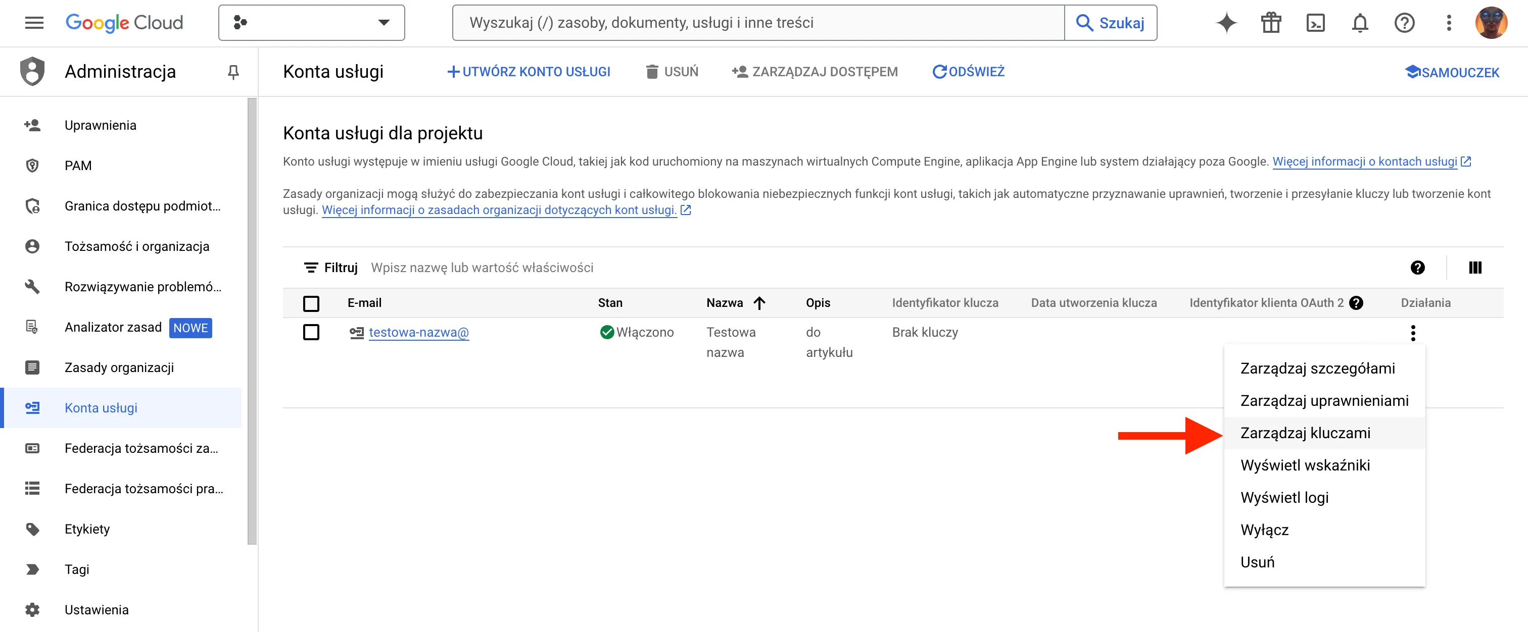 Konta usługi – Administracja – My Project – Google Cloud Console