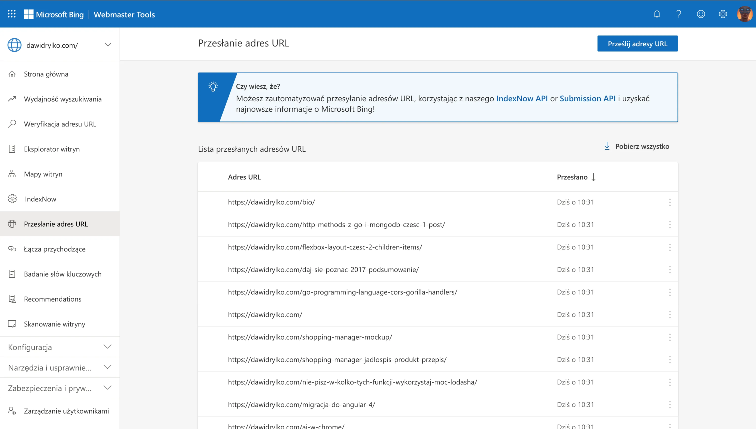 Bing Webmaster Tools - URL Submission API