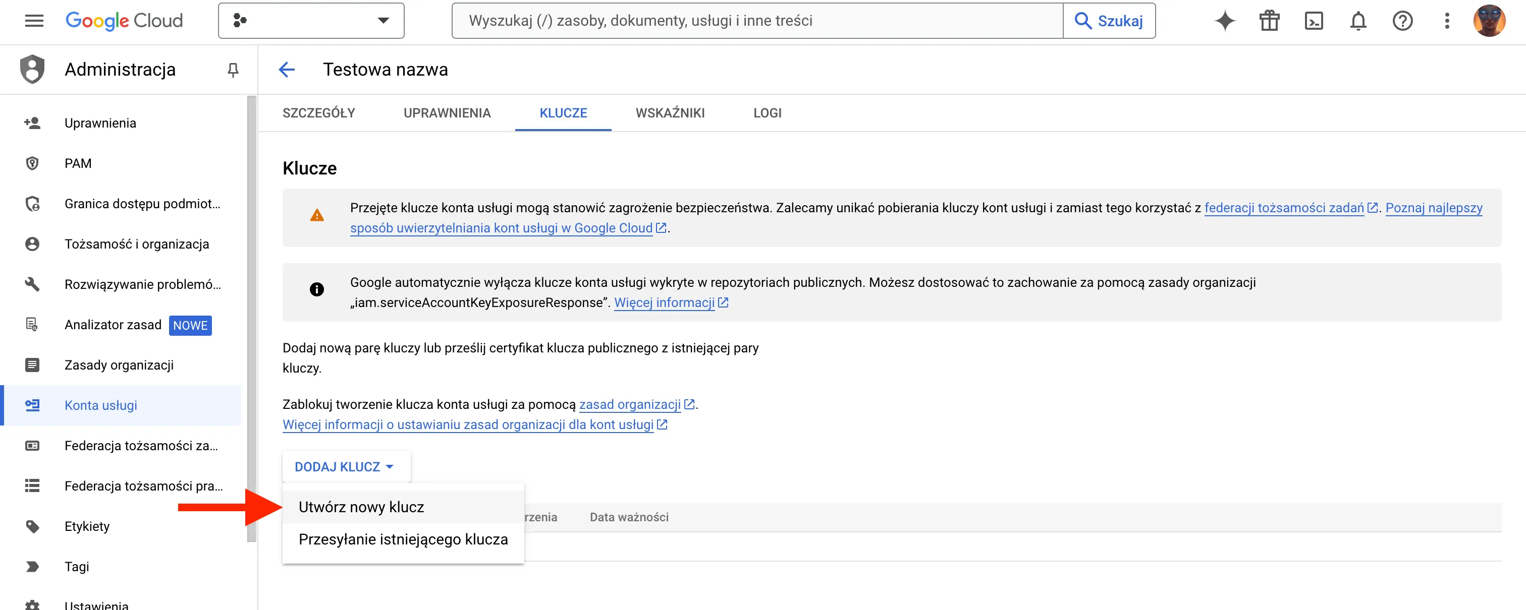 Testowa nazwa – Administracja – My Project – Google Cloud Console