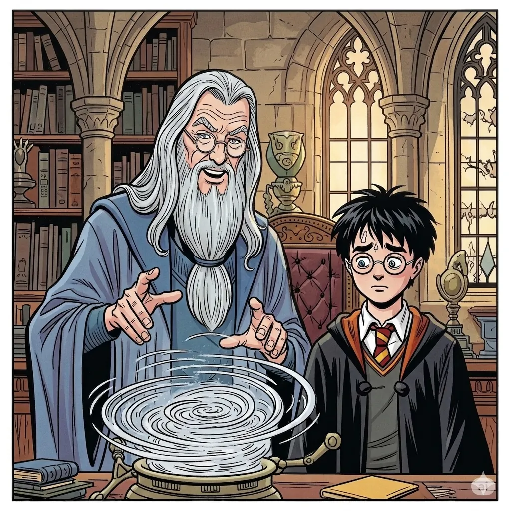 Ilustracja w stylu komiksowym, przypominającym prace Stana Lee, przedstawiająca Dumbledore'a i Harry'ego Pottera stojących obok Myślodsiewni. Dumbledore, z długą siwą brodą i w okularach, uśmiecha się z zadowoleniem i wskazuje dłońmi na kamienną misę, z której unosi się świetlista, srebrzysta nić wspomnień wirująca w środku. Harry, z potarganymi włosami i w okularach, w szacie Hogwartu z gryfońskim krawatem, wygląda na zmęczonego, ale z ulgą. W tle widać regały z książkami, gotyckie okno i inne przedmioty z gabinetu Dumbledore'a. Wygenerowana przez AI.