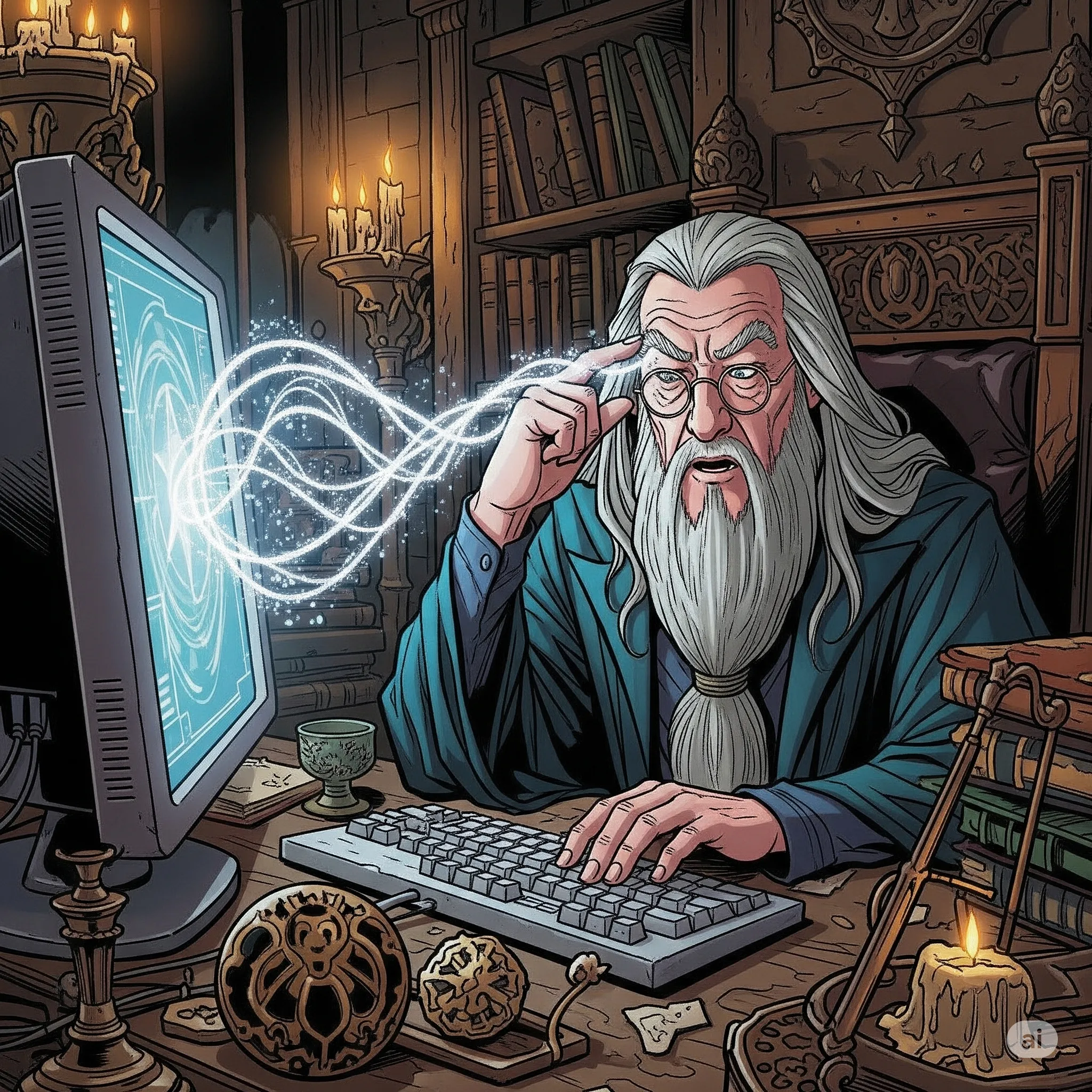 Obraz przedstawia Dumbledore'a, z długą siwą brodą i okularami, siedzącego przy biurku i używającego komputera jako Myślodsiewni. Z jego głowy wydobywa się świetlista nić myśli, która trafia do ekranu komputera. Całość utrzymana jest w mrocznym klimacie fantasy, w stylu komiksów Stana Lee. Wygenerowana przez AI.