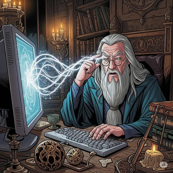 Obraz przedstawia Dumbledore'a, z długą siwą brodą i okularami, siedzącego przy biurku i używającego komputera jako Myślodsiewni. Z jego głowy wydobywa się świetlista nić myśli, która trafia do ekranu komputera. Całość utrzymana jest w mrocznym klimacie fantasy, w stylu komiksów Stana Lee. Wygenerowana przez AI.