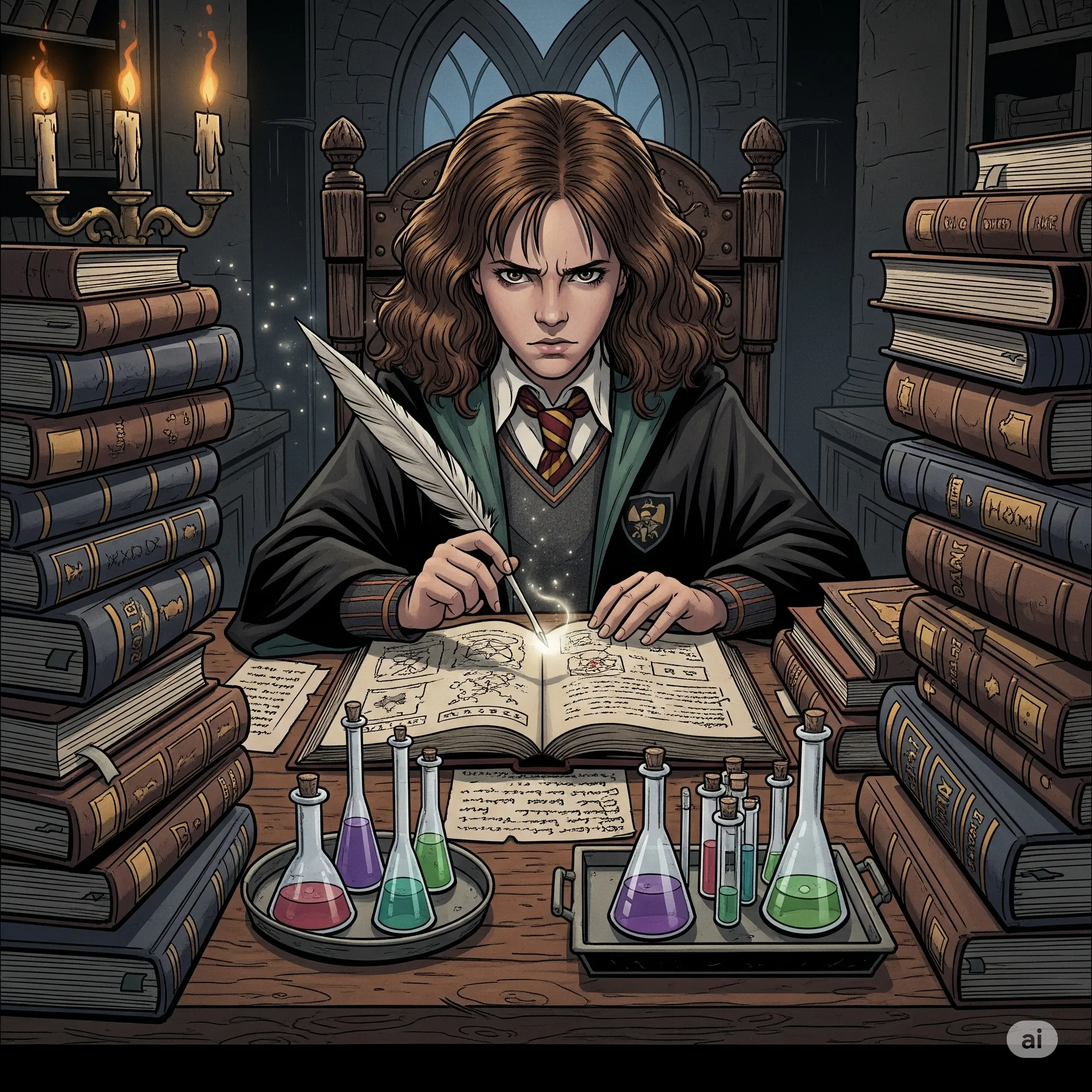 Obraz w stylu komiksowym, przypominającym prace Stana Lee, przedstawia Hermionę Granger siedzącą przy drewnianym biurku. Ma na sobie szatę Hogwartu i intensywny wyraz twarzy, skupiony na otwartej księdze, do której pisze świecącym piórem. Biurko jest zastawione idealnie poukładanymi stosami grubych ksiąg i podręczników po obu stronach. Na pierwszym planie, na tacy, stoją symetrycznie ułożone fiolki i zlewki z kolorowymi eliksirami. Całość utrzymana jest w mrocznym, akademickim klimacie, z dramatycznym oświetleniem. Wygenerowana przez AI.