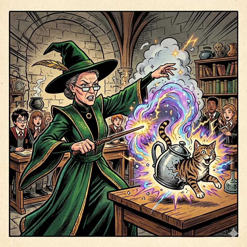 Komiksowa ilustracja w stylu Stana Lee: profesor Minerva McGonagall w zielonej szacie i spiczastym kapeluszu rzuca zaklęcie różdżką, a na drewnianym stole metalowy czajnik przemienia się w pręgowanego kota w eksplozji fioletowo-niebiesko-różowej magii z iskrami i błyskawicami. W tle uczniowie obserwują scenę w kamiennej sali pełnej kotłów i regałów z księgami. Wygenerowana przez AI.