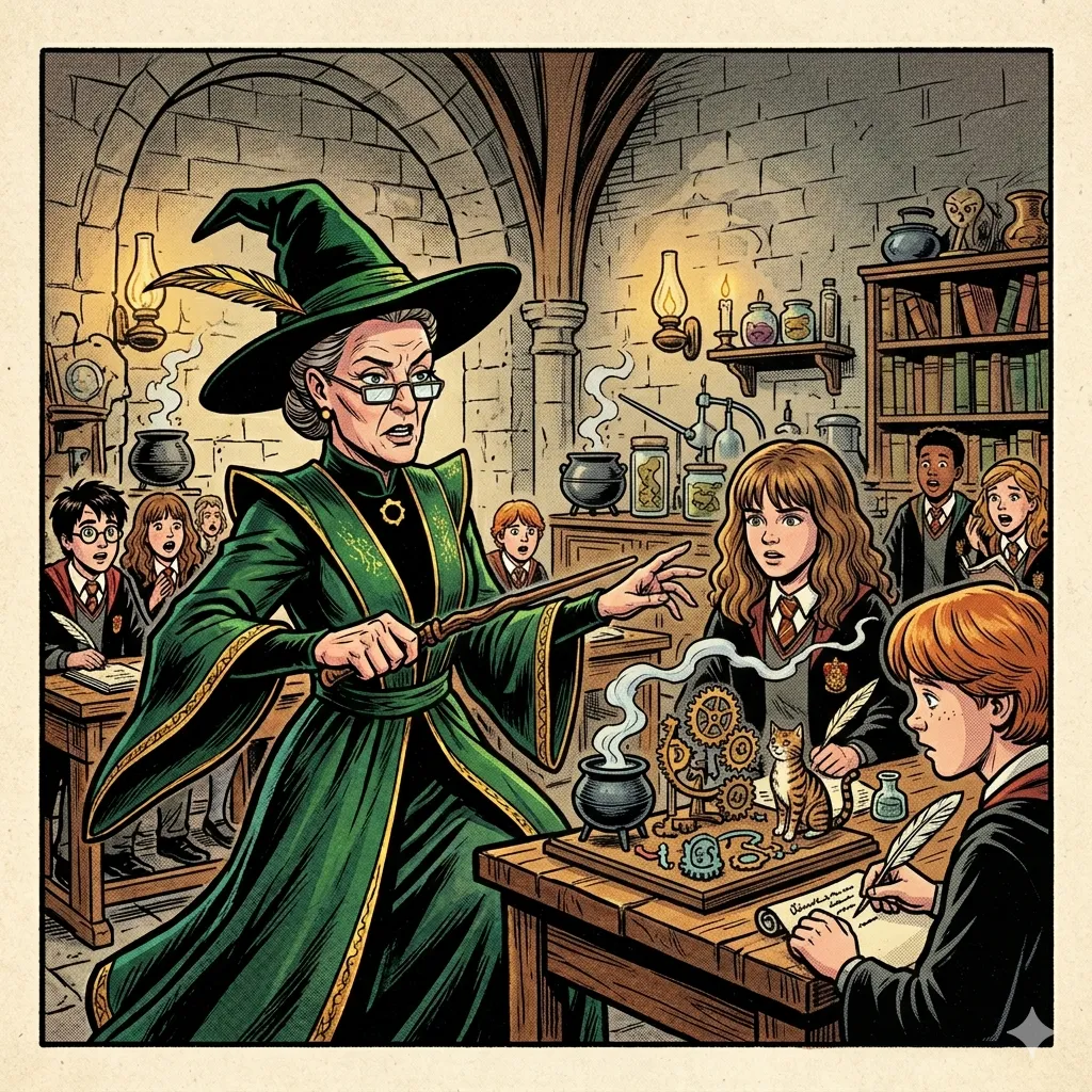 Komiksowa ilustracja w stylu Stana Lee: profesor Minerva McGonagall wskazuje różdżką podczas lekcji transmutacji, a na pierwszym planie Hermiona i Ron siedzą przy ławce, na której pręgowany kot siedzi pośród mosiężnych trybików i mechanizmu zegarowego, obok dymiącego kociołka, zwojów i pióra w kałamarzu. Pozostali uczniowie obserwują scenę w kamiennej sali lekcyjnej. Wygenerowana przez AI.