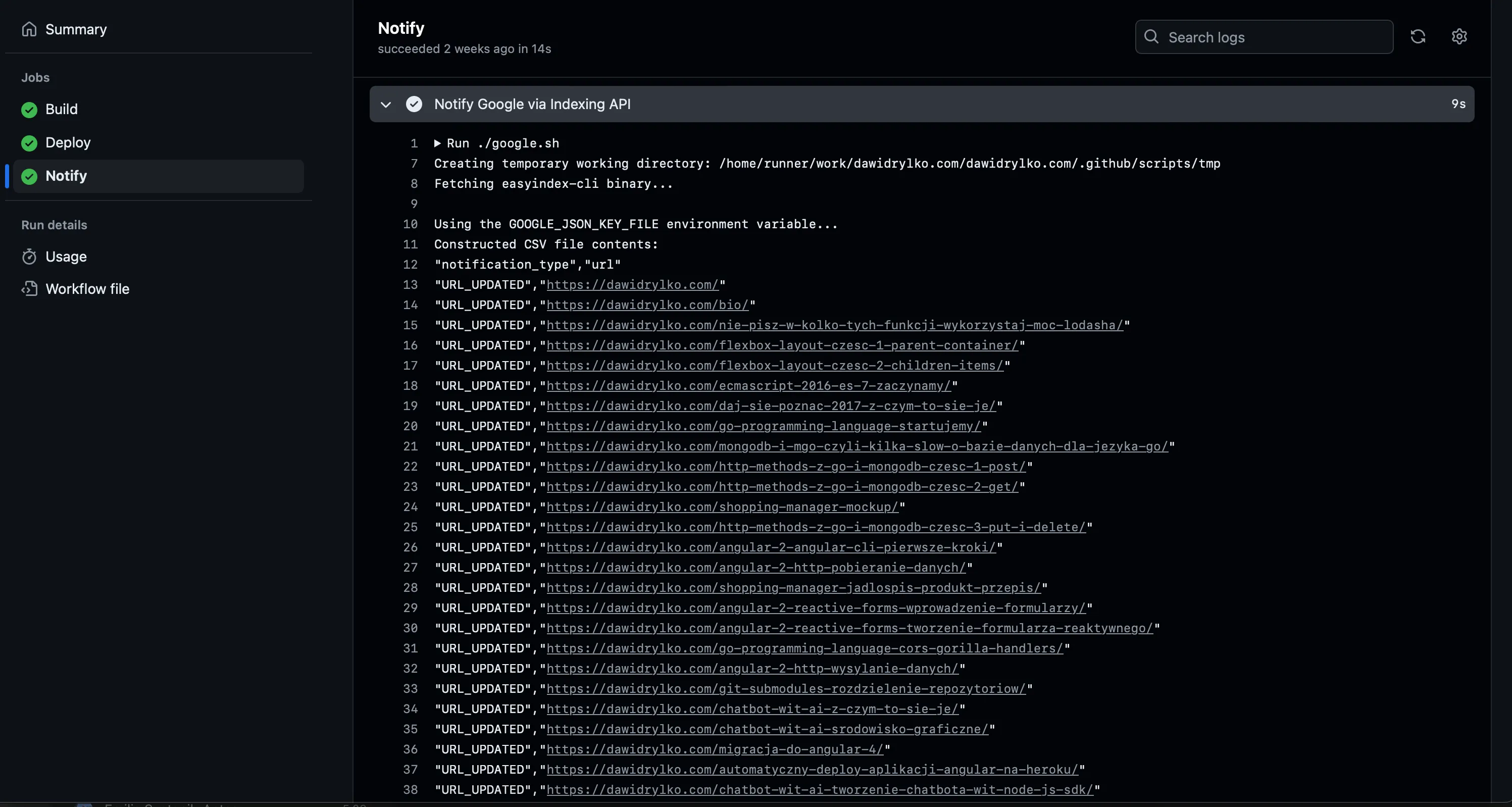 Notify Google via Indexing API - GitHub Actions