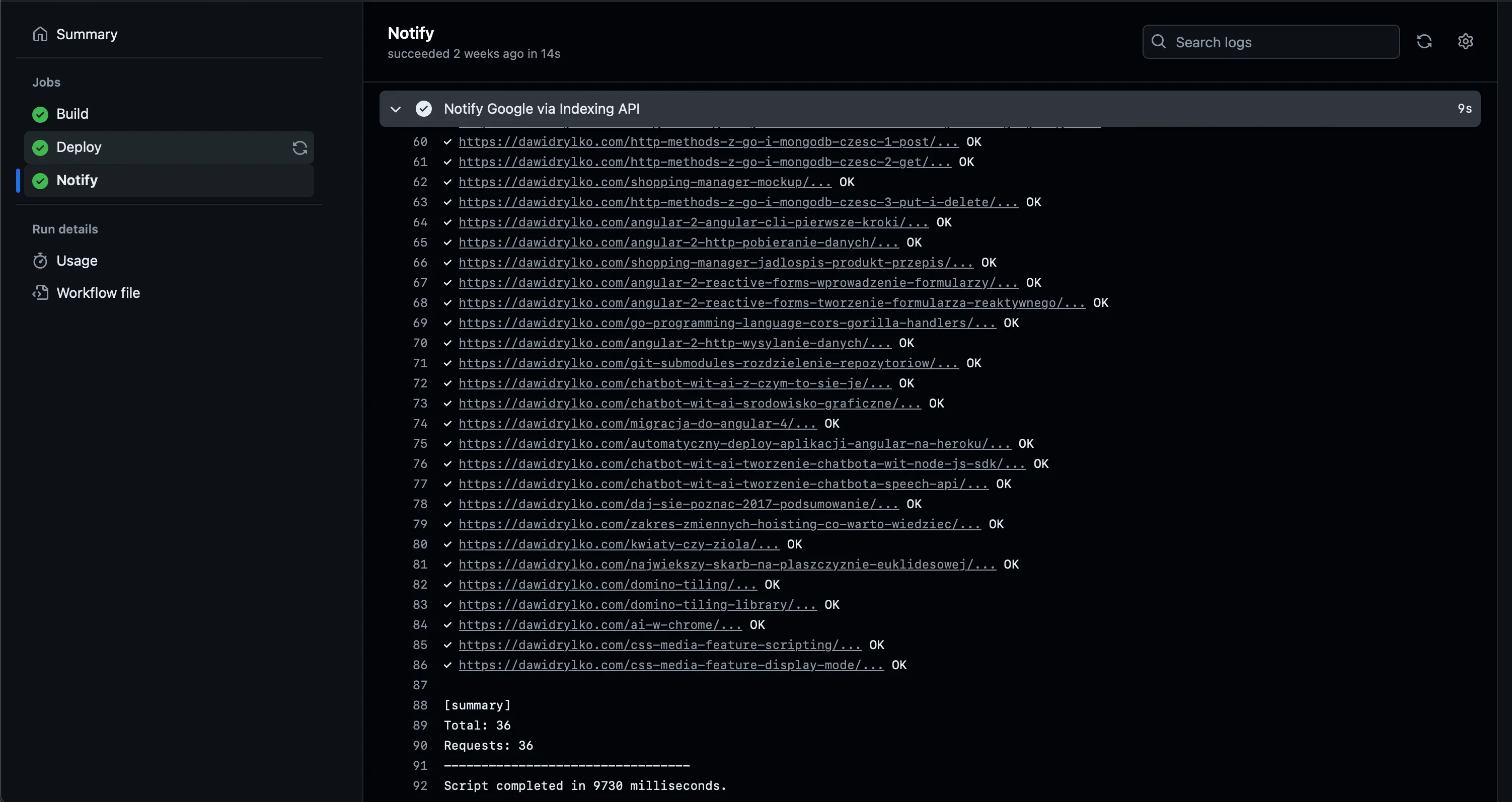 Notify Google via Indexing API - GitHub Actions