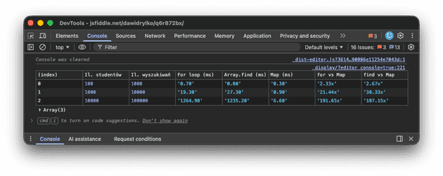 Benchmark porównujący czas wyszukiwania w pętli for, metodzie Array.find i Map.get