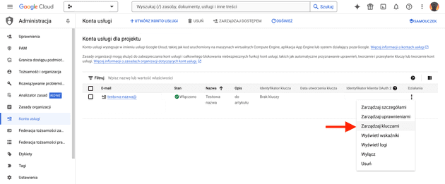 Konta usługi – Administracja – My Project – Google Cloud Console