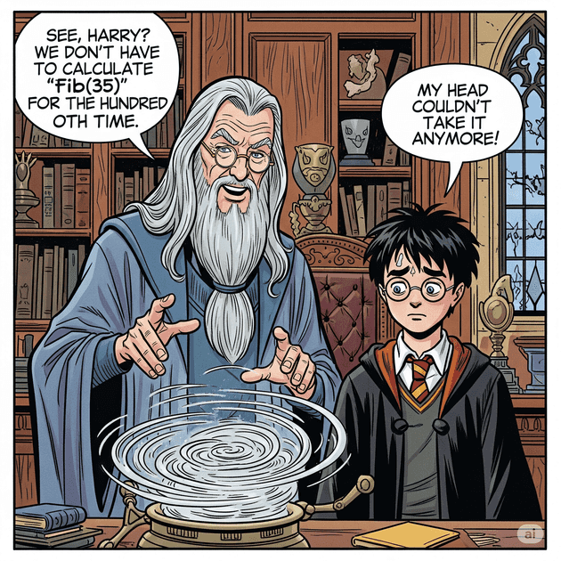 Mem w stylu komiksowym, przypominającym prace Stana Lee, przedstawiający Dumbledore'a i Harry'ego Pottera stojących obok Myślodsiewni. Dumbledore, z długą siwą brodą i w okularach, uśmiecha się z zadowoleniem i wskazuje na Myślodsiewnię, mówiąc w dymku: 'Widzisz, Harry? Nie musimy już po raz setny przeliczać 'fib(35)'.' Harry, z potarganymi włosami i w okularach, wygląda na zmęczonego, ale z ulgą, a w dymku myśli mówi: 'Moja głowa już by tego nie zniosła!'. W tle widać regały z książkami i inne przedmioty z gabinetu Dumbledore'a. Wygenerowana przez AI.