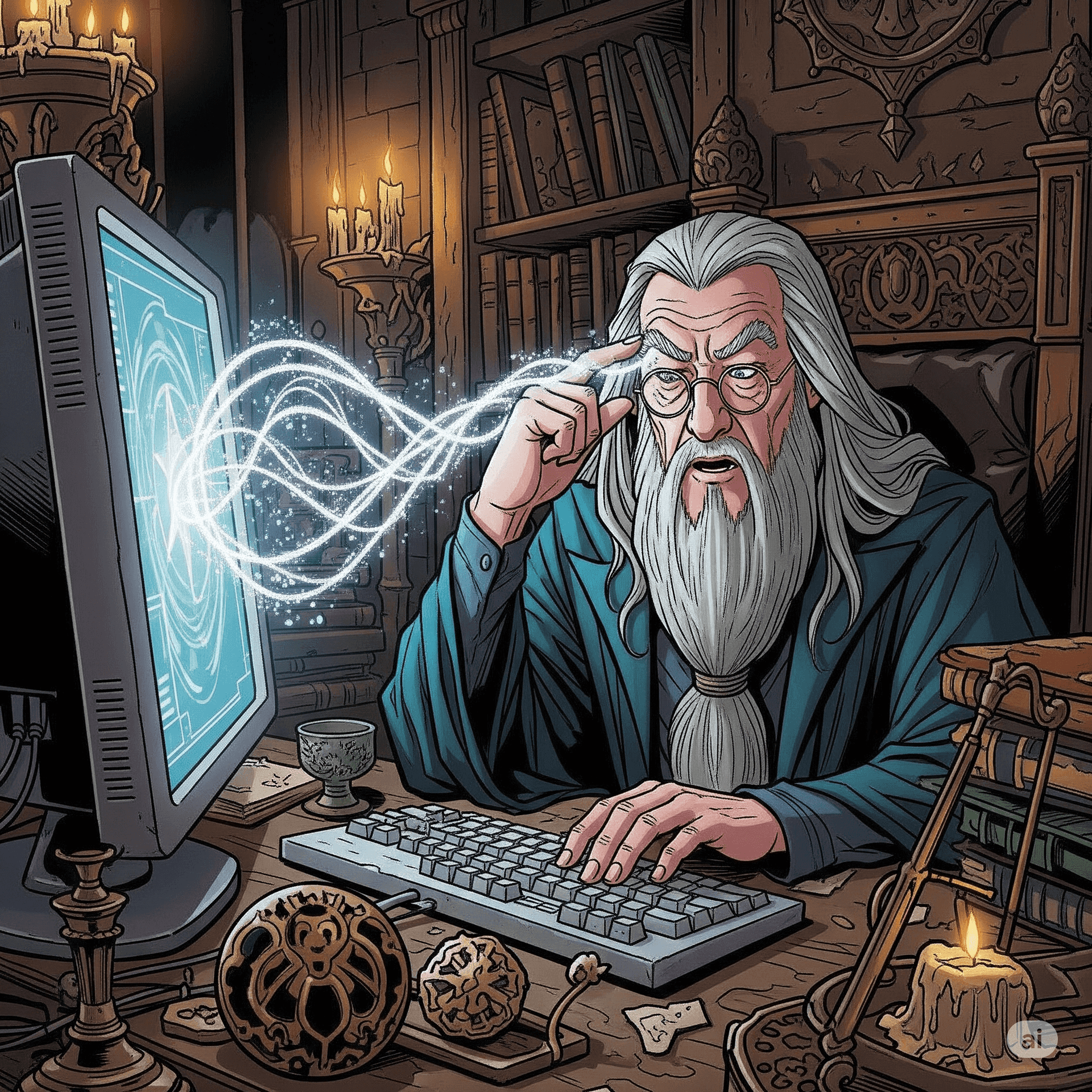 Obraz przedstawia Dumbledore'a, z długą siwą brodą i okularami, siedzącego przy biurku i używającego komputera jako Myślodsiewni. Z jego głowy wydobywa się świetlista nić myśli, która trafia do ekranu komputera. Całość utrzymana jest w mrocznym klimacie fantasy, w stylu komiksów Stana Lee. Wygenerowana przez AI.