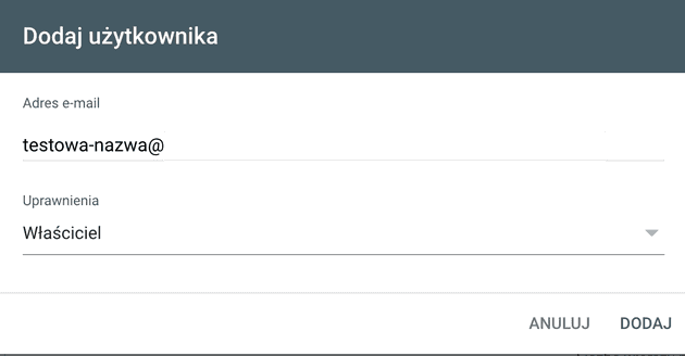 Dodaj użytkownika - Google Search Console