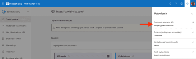 Dostęp do interfejsu API Microsoft Bing Webmaster Tools