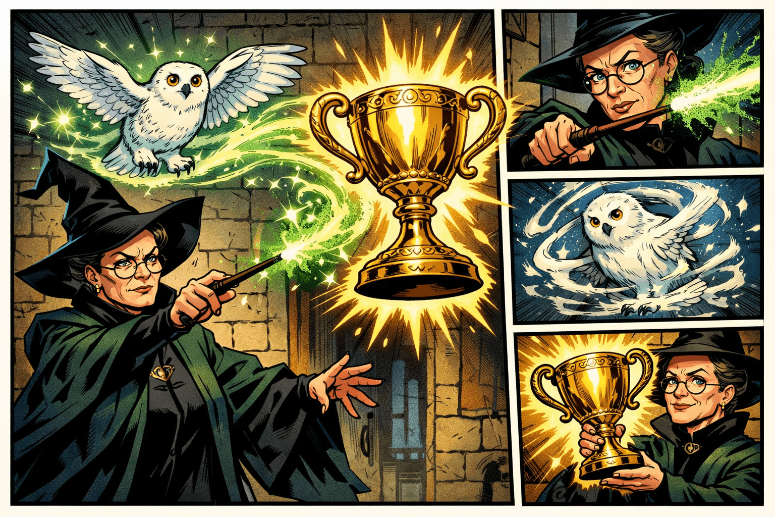 Profesor Minerva McGonagall w zielonej pelerynie i spiczastym kapeluszu unosi złoty puchar zaklęciem, podczas gdy biała sowa krąży w świetlistej, zielonej magii; komiksowy kadr pokazuje kolejne ujęcia tej sceny, z bliskim planem sowy w wirze energii i czarodziejki trzymającej trofeum. Całość utrzymana jest w mrocznym klimacie fantasy, w stylu komiksów Stana Lee. Wygenerowana przez AI.
