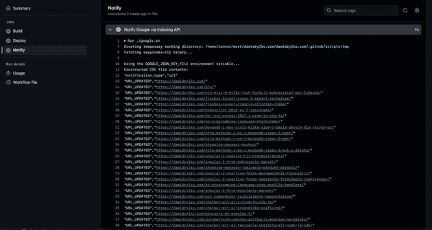 Notify Google via Indexing API - GitHub Actions