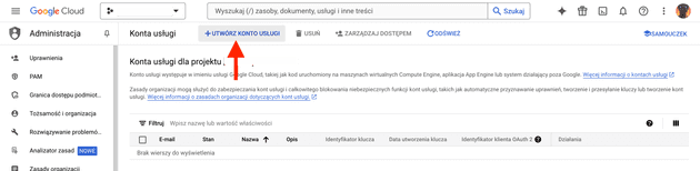 Konta usługi – Administracja – My Project – Google Cloud Console