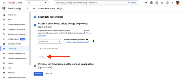 Przyznaj temu kontu usługi dostęp do projektu - Utworzenie konta usługi – Administracja – My Project – Google Cloud Console