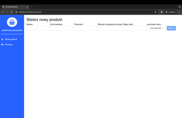 Zrzut ekranu przedstawiający pusty formularz reaktywny w Angularze.