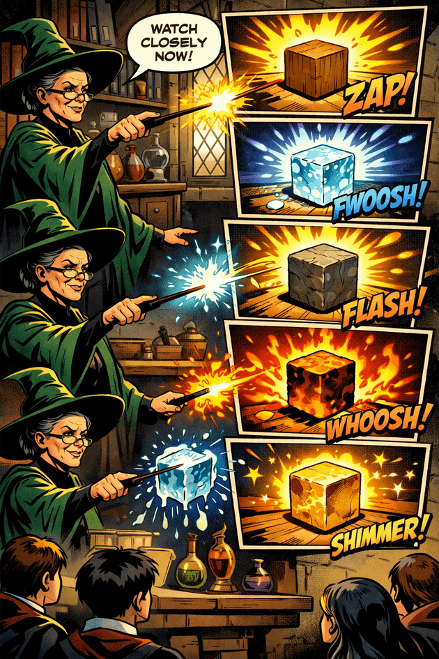 Komiksowa ilustracja w stylu Stana Lee: profesor Minerva McGonagall podczas lekcji transmutacji rzuca zaklęcia różdżką, a na kolejnych kadrach sześcian przechodzi etapy przemiany - z drewna w lód, kamień, ogień i złoto - z dynamicznymi efektami świetlnymi i onomatopejami („ZAP”, „FLASH”, „SHIMMER”), obserwowane przez uczniów w sali lekcyjnej. Wygenerowana przez AI.