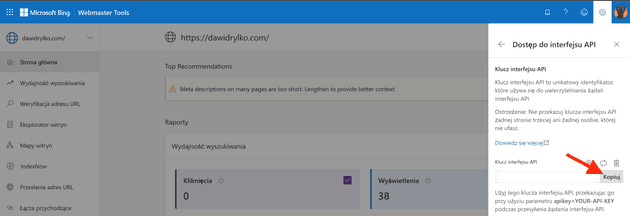 Skopiowanie klucza API Microsoft Bing Webmaster Tools