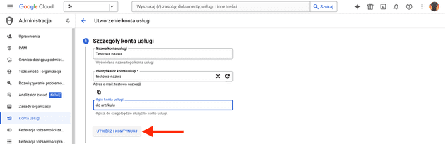 Szczegóły konta usługi - Utworzenie konta usługi – Administracja – My Project – Google Cloud Console