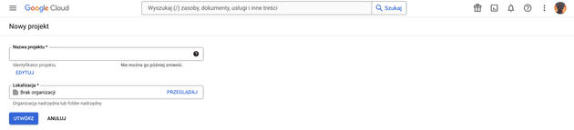 Nowy projekt – Google Cloud Console