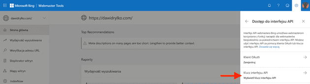Klucz interfejsu API Microsoft Bing Webmaster Tools