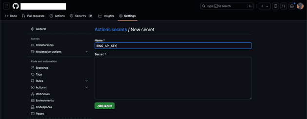 Dodanie nowego sekretu w GitHub Actions