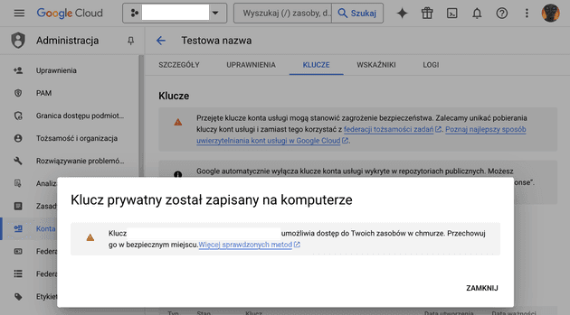 Klucz prywatny został zapisany na komputerze