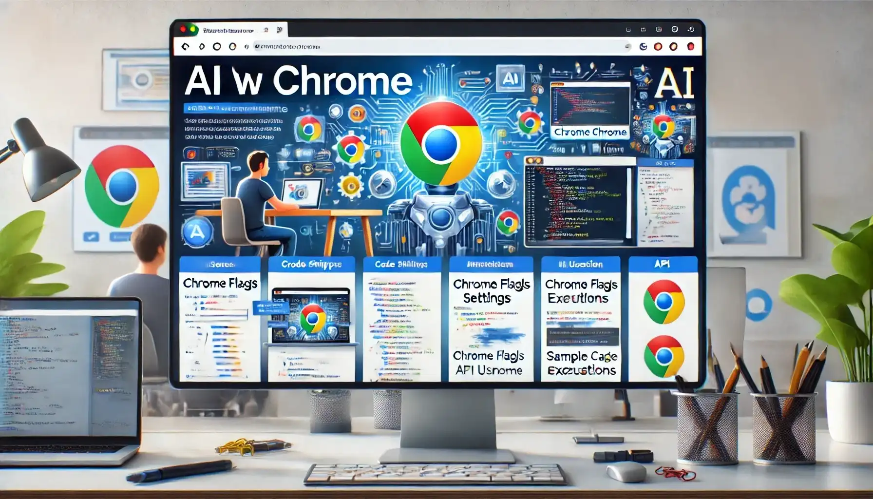 A modern blog page featuring an article about AI in Chrome, viewed from a computer screen perspective. The screen shows sections with code snippets, images of Chrome browser settings, and developers working on their computers. The header displays the title 'AI w Chrome' and the main content showcases images of Chrome flags settings, API usage, and sample code executions. The design is clean and professional, with a tech-savvy feel and vibrant visuals. Replace the area where the clock is with a wall clock. Remove any Chrome logos from the wall.