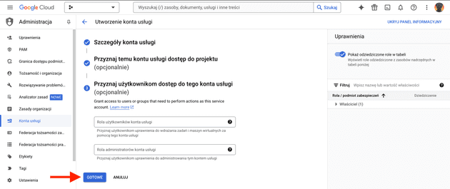 Przyznaj użytkownikom dostęp do tego konta usługi - Utworzenie konta usługi – Administracja – My Project – Google Cloud Console